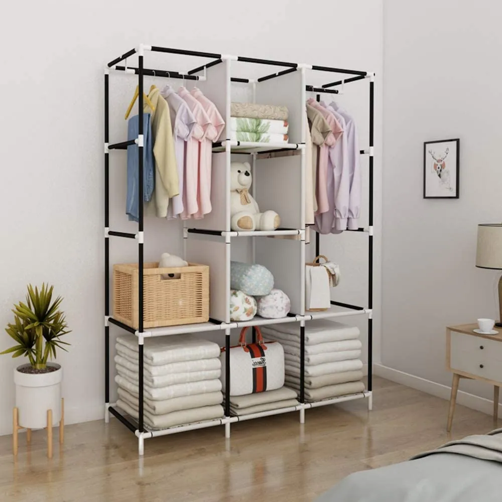 New in box! UDEAR Portable Wardrobe Closet Clothes Organizer No-Woven Fabric Cover with 6 Storage Shelves, 2 Hanging Sections and 4 Side Pockets, Grey