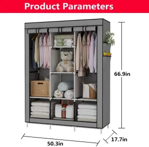 New in box! UDEAR Portable Wardrobe Closet Clothes Organizer No-Woven Fabric Cover with 6 Storage Shelves, 2 Hanging Sections and 4 Side Pockets, Grey