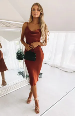 New Sucrefas Women's Spaghetti Strap Dress Satin Sleeveless Cowl Neck Slit Cocktail Midi Dress, colour is Rust Sz XL, slim fit, fits M-L
