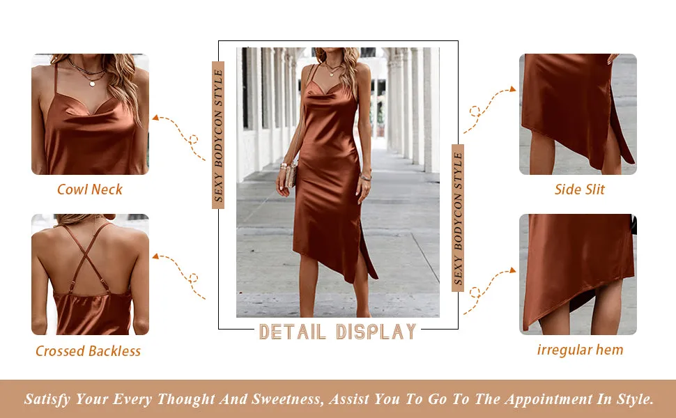 New Sucrefas Women's Spaghetti Strap Dress Satin Sleeveless Cowl Neck Slit Cocktail Midi Dress, colour is Rust Sz XL, slim fit, fits M-L