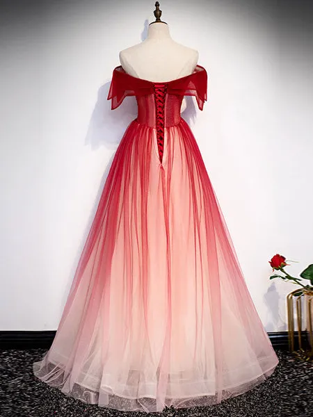 Off the Shoulder Burgundy Prom Dresses, Wine Red Tulle Graduation Dresses WT5110