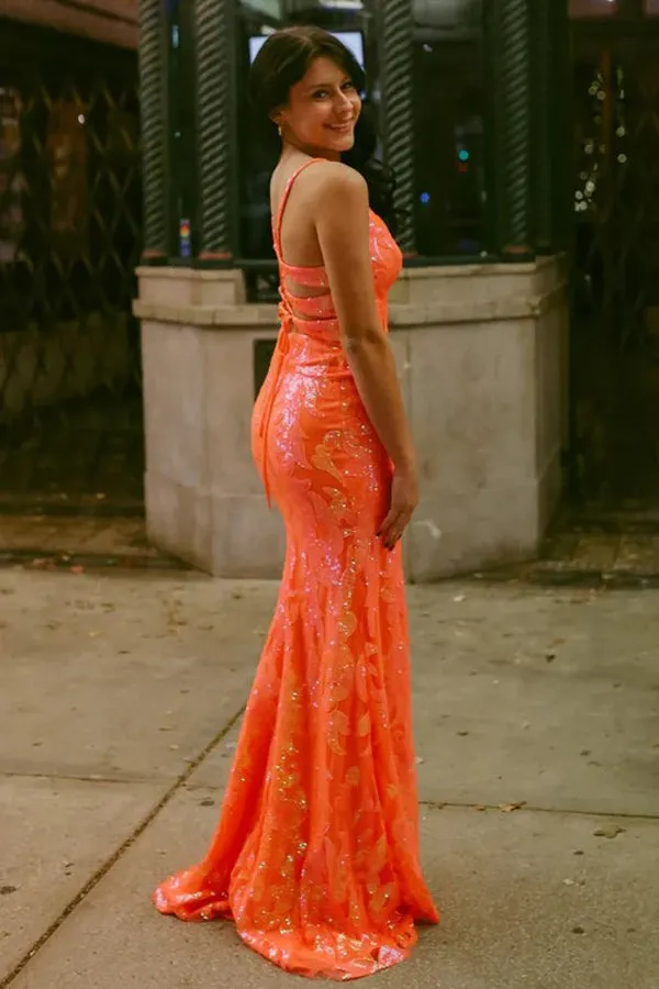 Orange V Neck Sequins Long Mermaid Prom Dresses TP1312