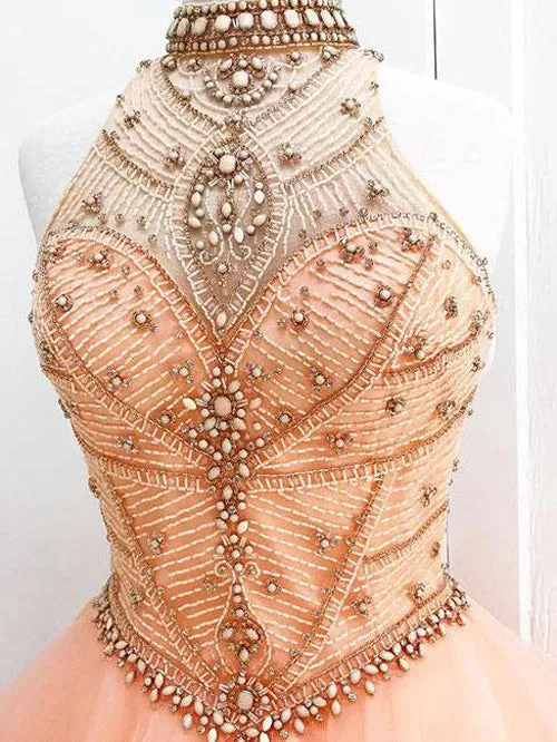 Organza High Neck Beaded Ball Gown Halter Bodice Prom Dress Quinceanera Dress, M194