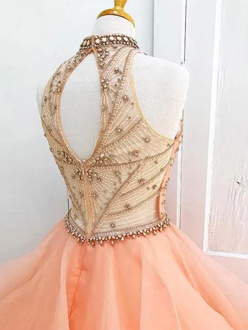 Organza High Neck Beaded Ball Gown Halter Bodice Prom Dress Quinceanera Dress, M194