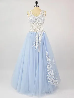 Pale Blue See Through Lace Cheap Long Evening Prom Dresses, Cheap Custom Sweet 16 Dresses, 18518