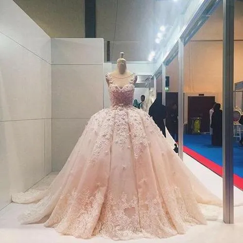 Pink Lace Beaded Ball Gown Applique Wedding Dresses Quinceanera Dress, MW204