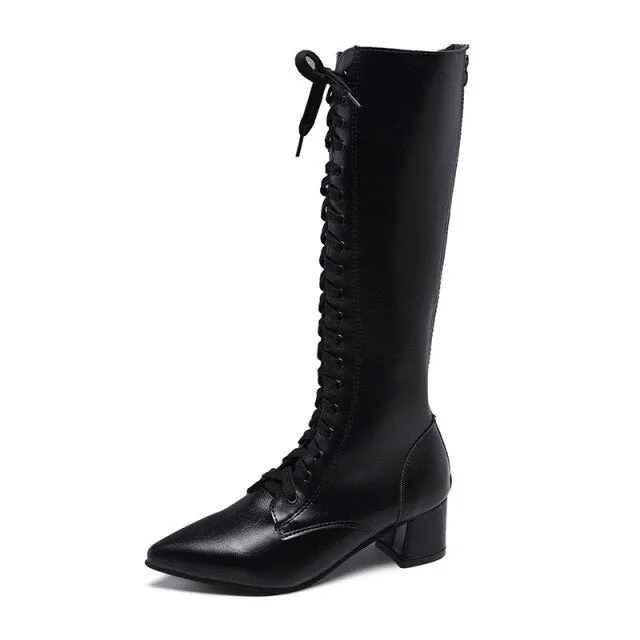Pointed Toe Square Heel Shoes Women Knee-High  Boots