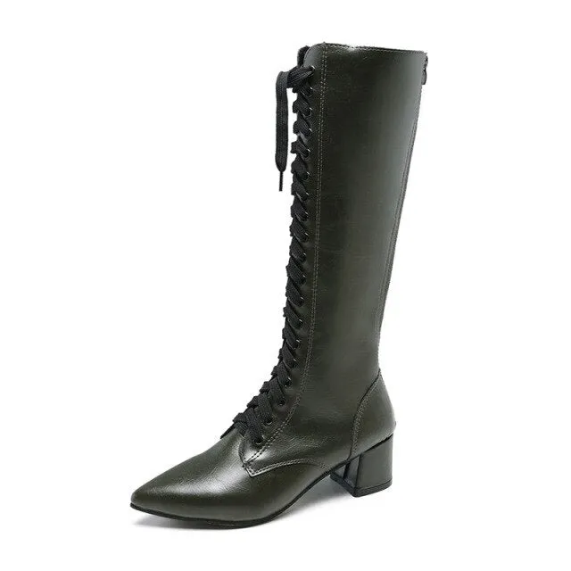 Pointed Toe Square Heel Shoes Women Knee-High  Boots