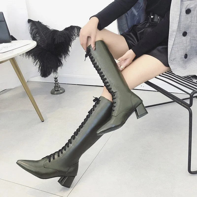 Pointed Toe Square Heel Shoes Women Knee-High  Boots