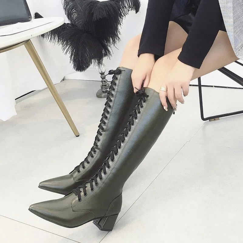 Pointed Toe Square Heel Shoes Women Knee-High  Boots