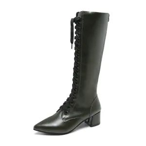 Pointed Toe Square Heel Shoes Women Knee-High  Boots