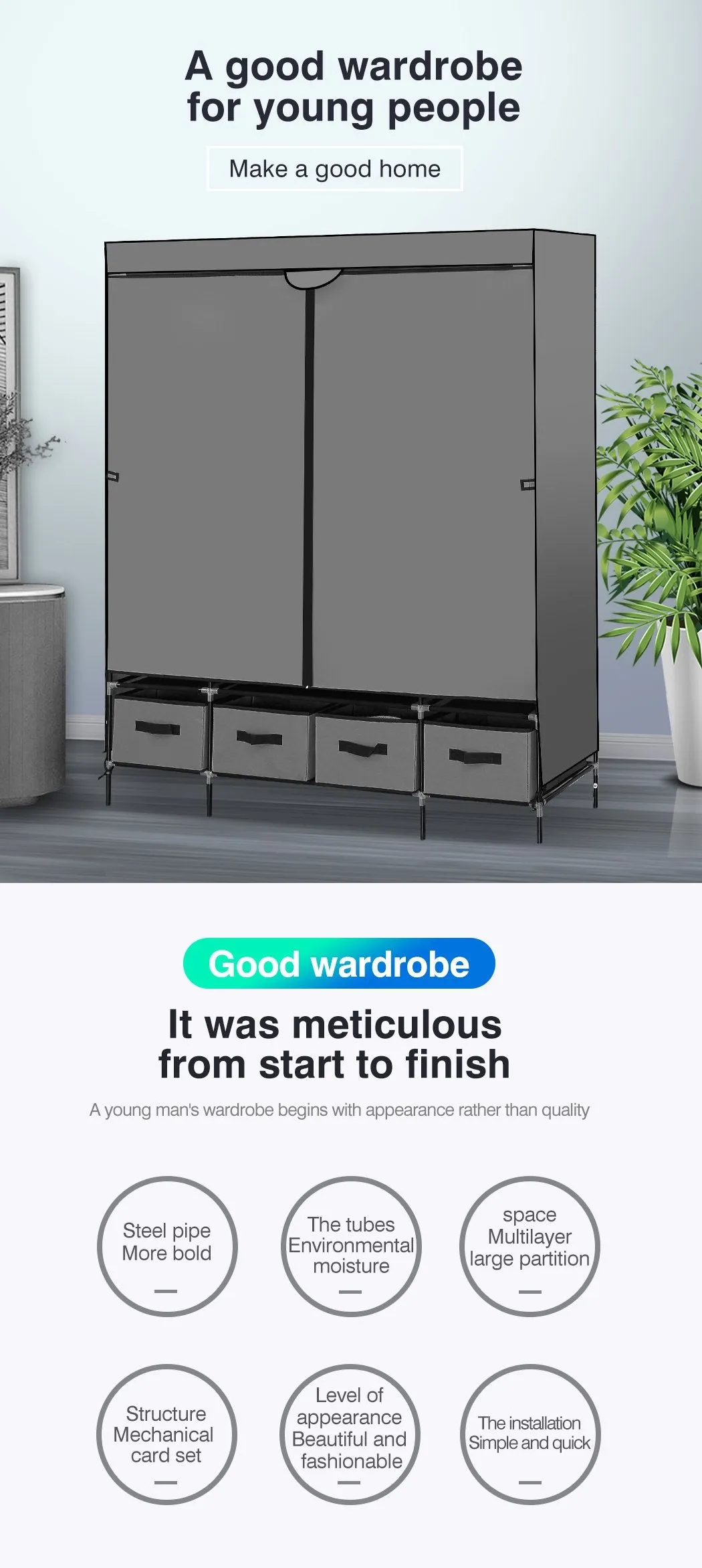Portable Wardrobe 4 Drawers Large Storage Cabinet Organiser Shelf Rack