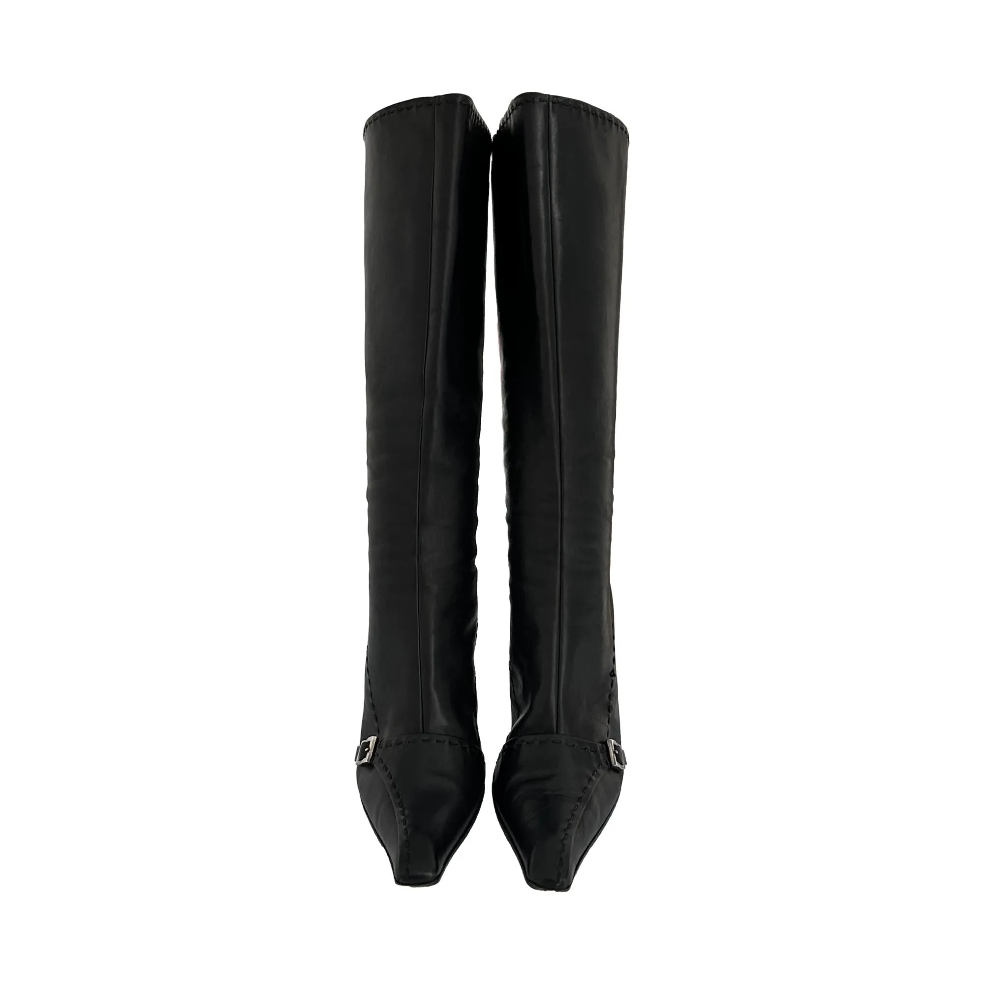 Prada Black Leather Buckle Knee High Boots