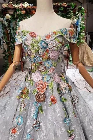 Princess Prom Dresses Off The Shoulder Lace Up Back Appliques Tulle TP0874