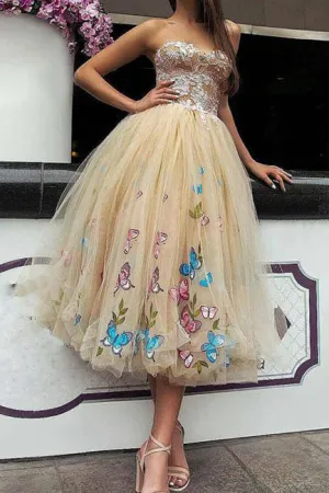 Princess Tea Length Tulle Prom Dresses,Ball Gown Lace Top Strapless Homecoming Dress OK428