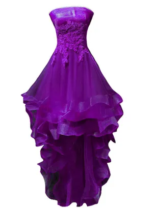 Purple Tulle with Lace High Low Party Dress Formal Dress, Purple Homecoming Dresses