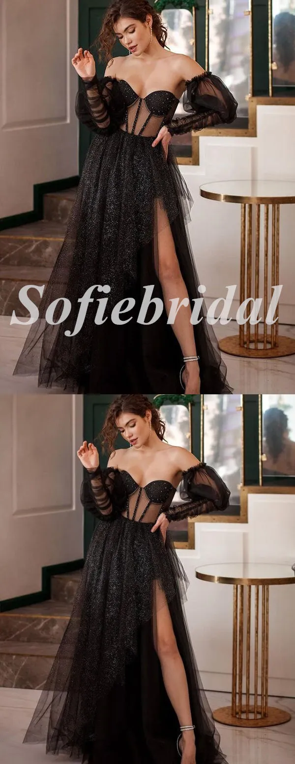 Sexy Black Tulle Sweetheart V-Neck Side Slit A-Line Long Prom Dresses, PD0844