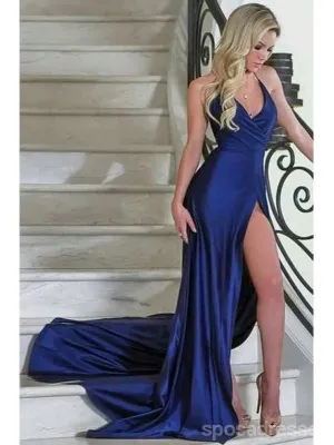 Sexy Blue Mermaid Spaghetti Straps V-neck High Slit Long Prom Dresses Online,13063