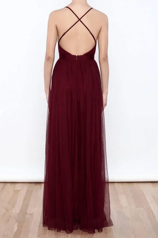 Sexy Deep V Neck Tulle High Slit Burgundy Prom Dress Evening Dress PG373