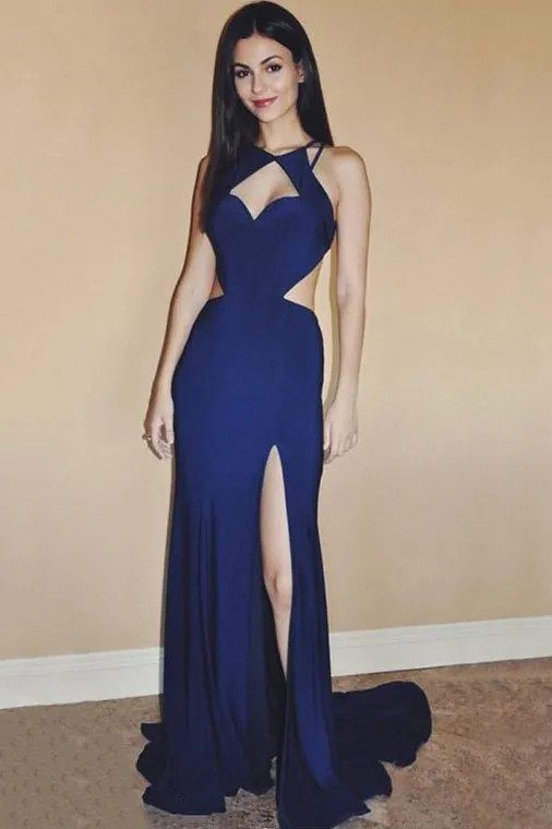 Sexy Royal Blue Chiffon Sweep Train Split Front Long Prom Dress OK697