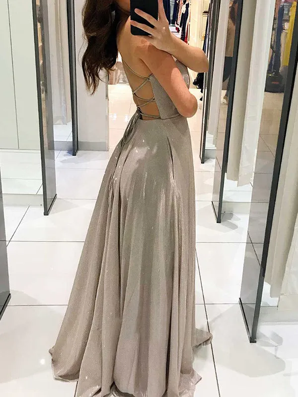 Sexy Shiny Criss Cross Back Deep V Neck A Line Long Prom Dress OK1040