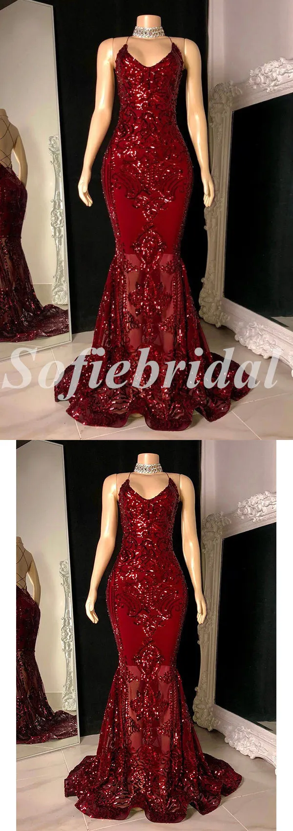 Sexy Shiny Sequin And Tulle Spaghetti Straps Sleeveless Criss Cross Mermaid Long prom Dresses,SFPD0715