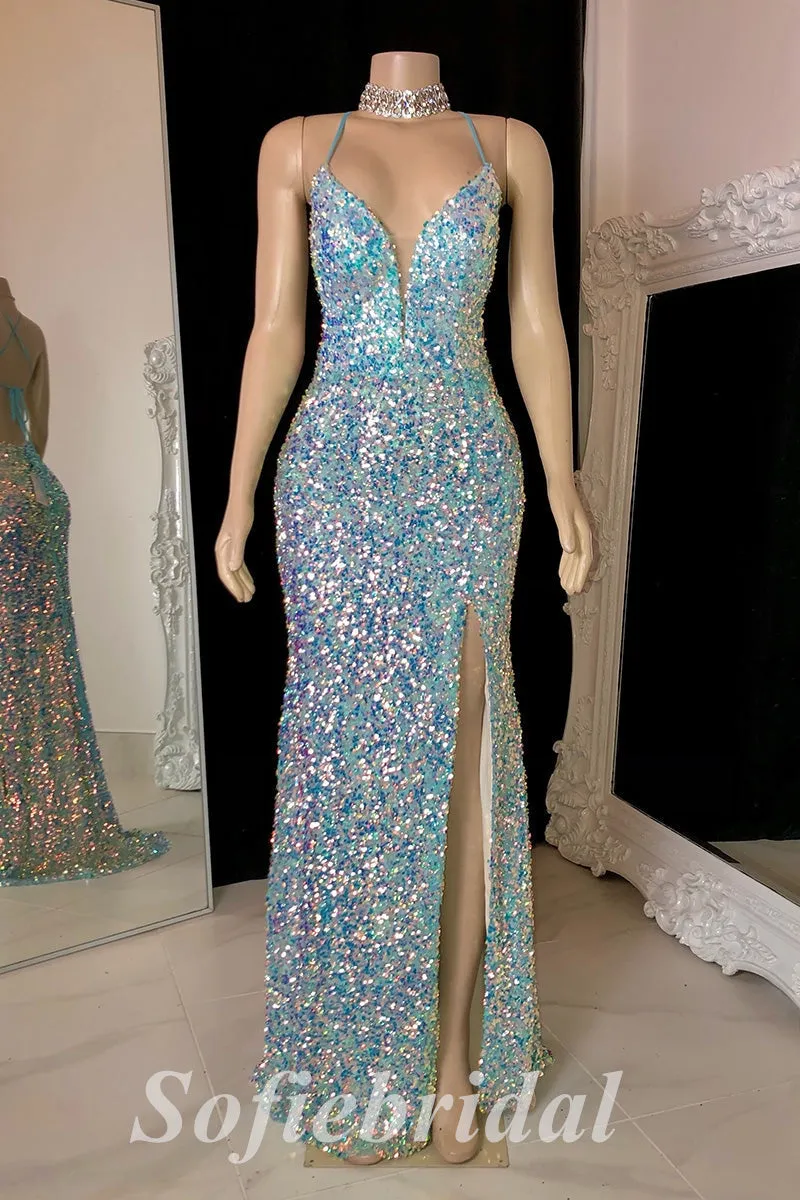 Sexy Shiny Sequin Spaghetti Straps V-Neck Sleeveless Criss Cross Lace Up Side Slit Mermaid Long prom Dresses,SFPD0712