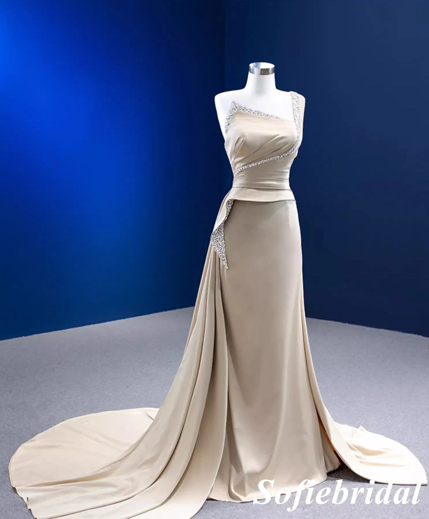 Sexy Soft Satin One Shoulder Sleeveless Mermaid Long Dress Prom Dress With Beading, PD01121