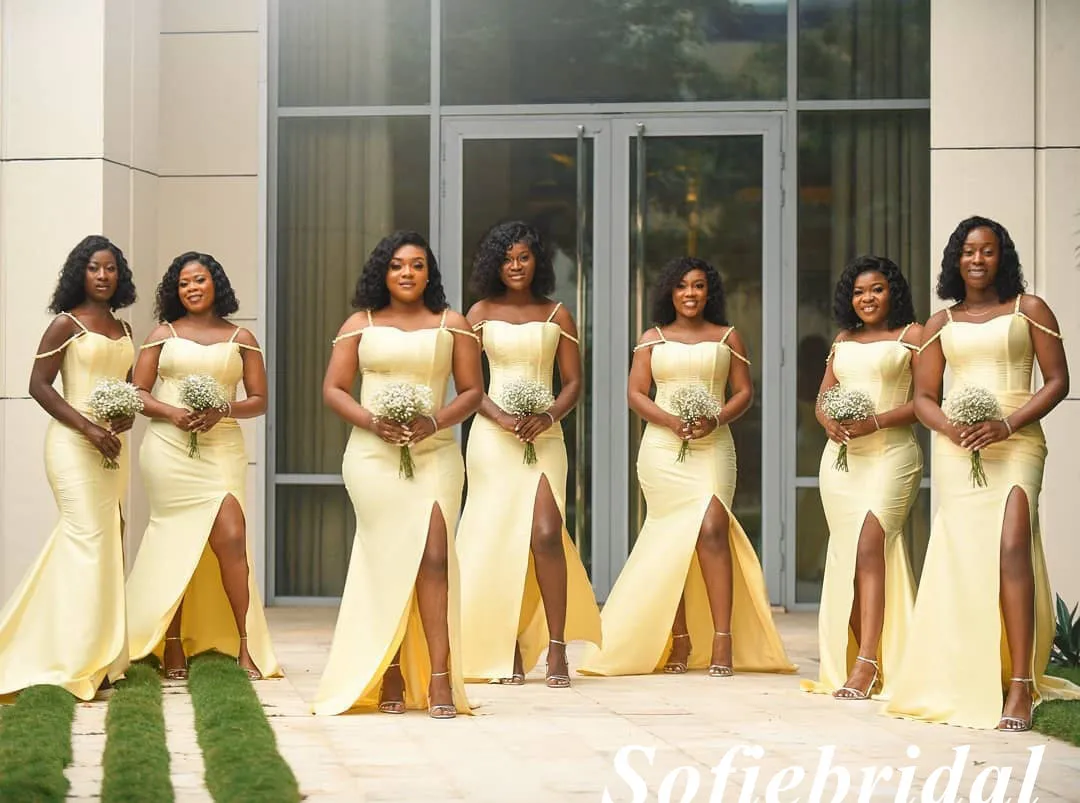 Sexy Soft Satin Spaghetti Straps Sleeveless Side Slit Mermaid Floor Length Bridesmaid Dresses, SFWG00551