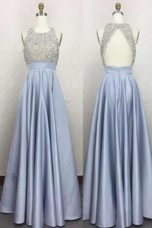 Shinny Top Beading Open Back High Neck A-Line Long Prom Dress, M235