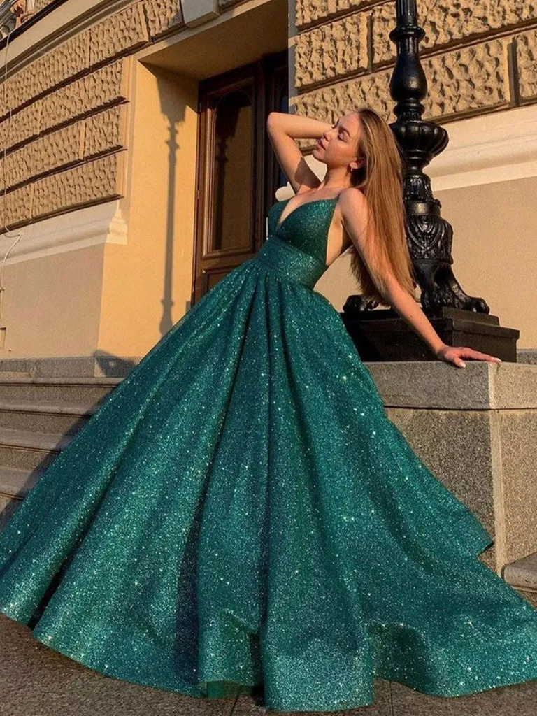 Shiny V Neck Green Satin Beading Sequin Long Prom Dresses SV1328