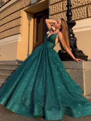 Shiny V Neck Green Satin Beading Sequin Long Prom Dresses SV1328