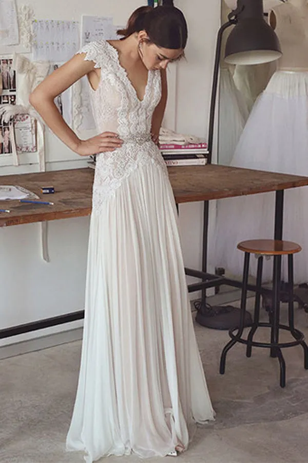 Simple A-line V-neck Cap Sleeves Beach Wedding Dresses With Lace Appliques, SW281