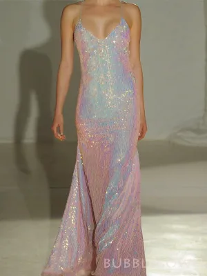 Simple Mermaid Spaghetti Straps Sequins Long Evening Prom Dresses, Custom Prom Dresses, BGS0027
