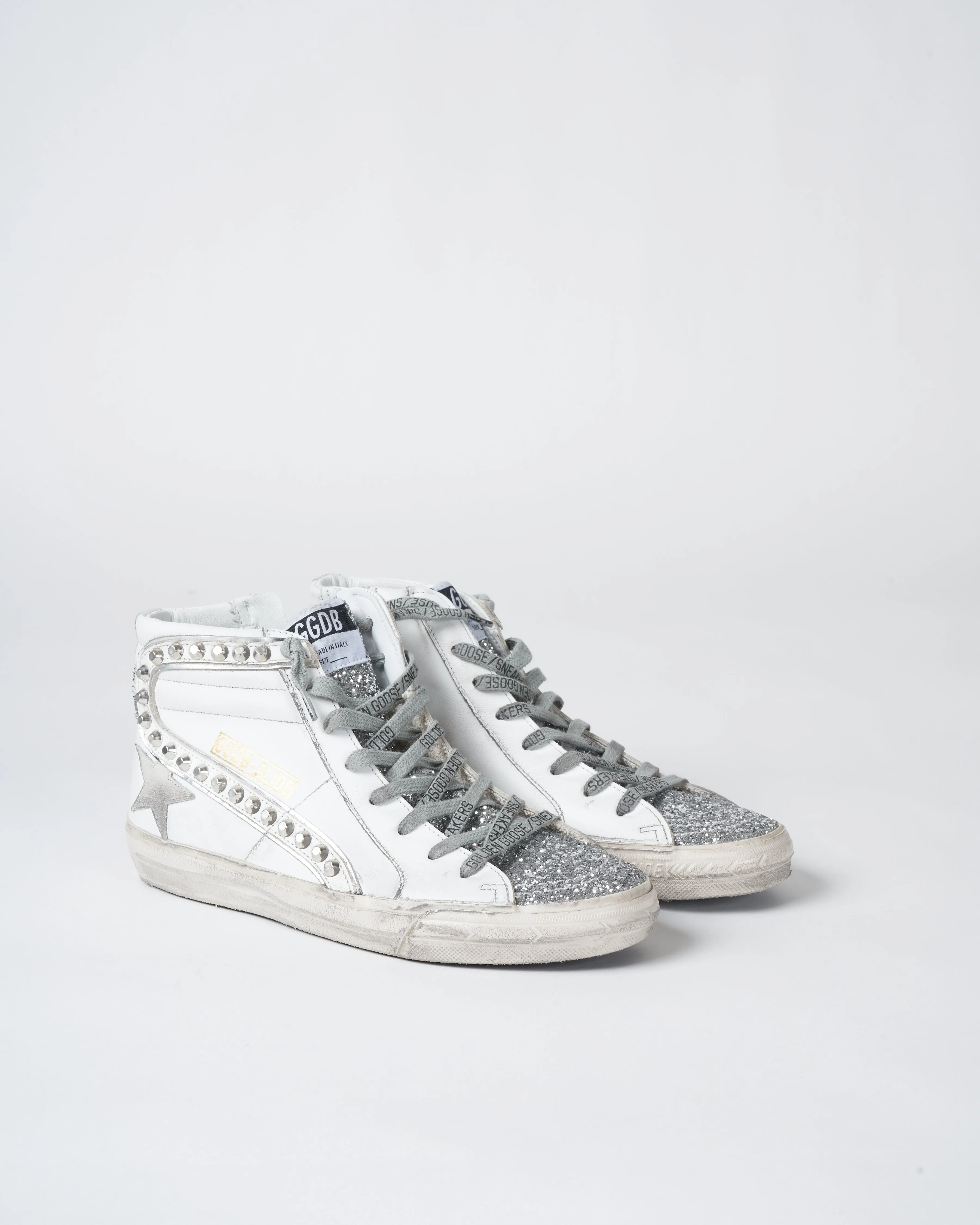 slide leather upper glitter toe suede star leather wave with studs - white/silver/ice