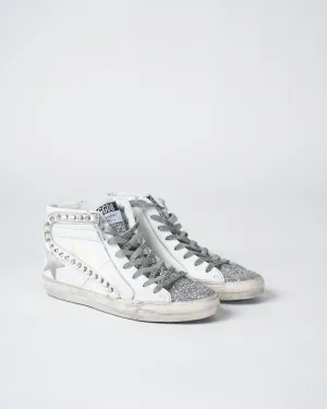 slide leather upper glitter toe suede star leather wave with studs - white/silver/ice