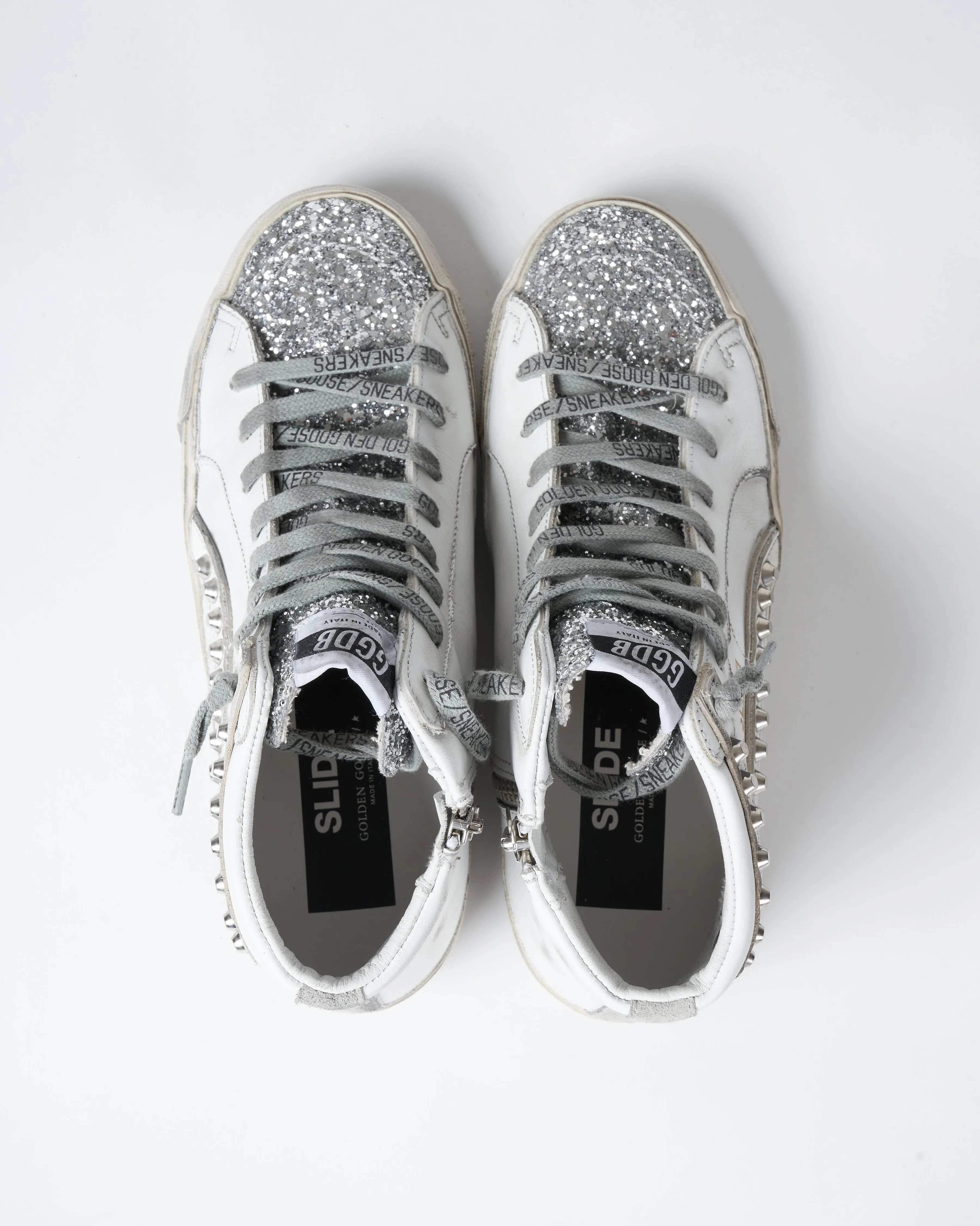slide leather upper glitter toe suede star leather wave with studs - white/silver/ice