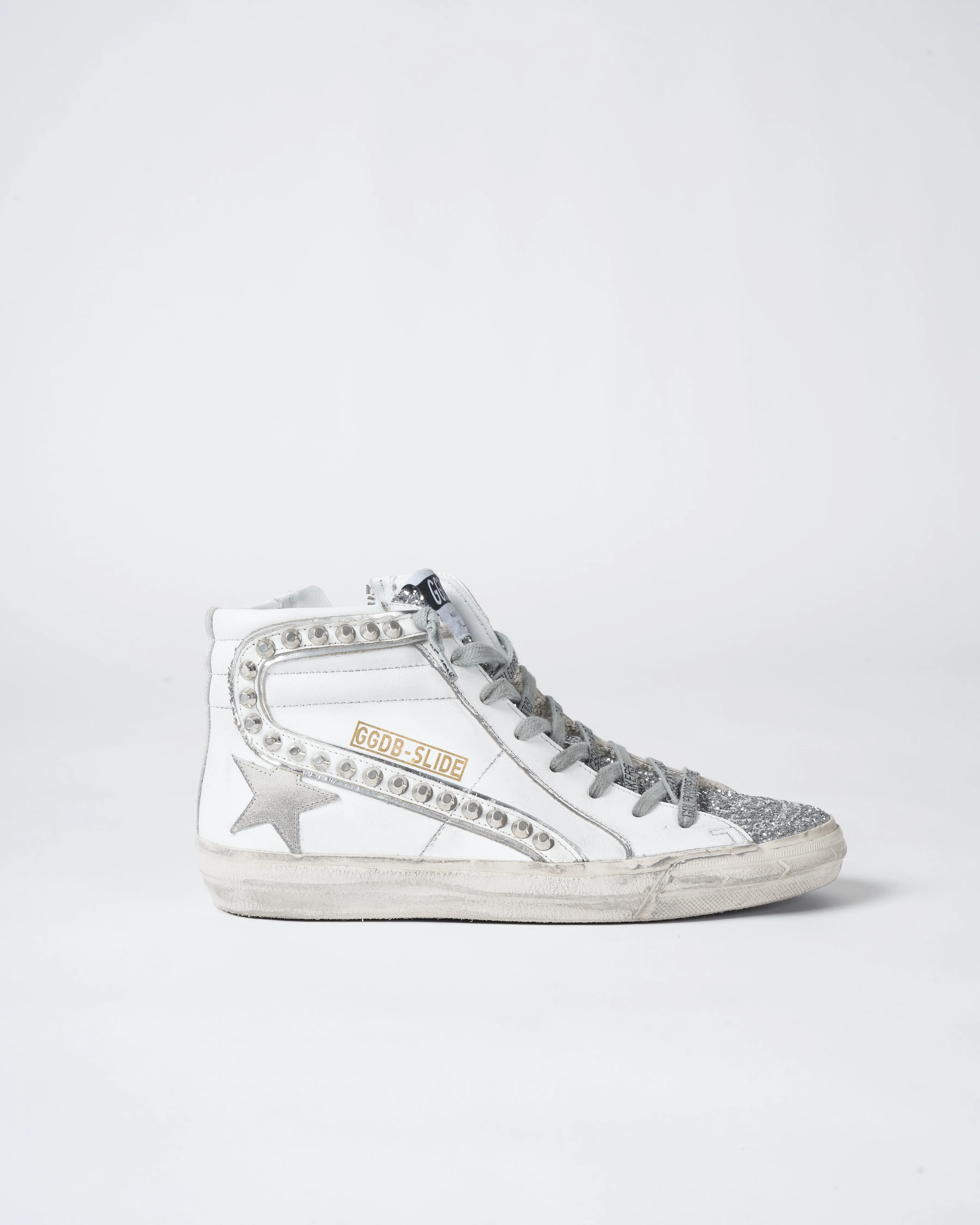 slide leather upper glitter toe suede star leather wave with studs - white/silver/ice