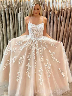 Spaghetti Straps Champagne Tulle Appliques Long Evening Prom Dresses, A-line Prom Dress, BGS0291