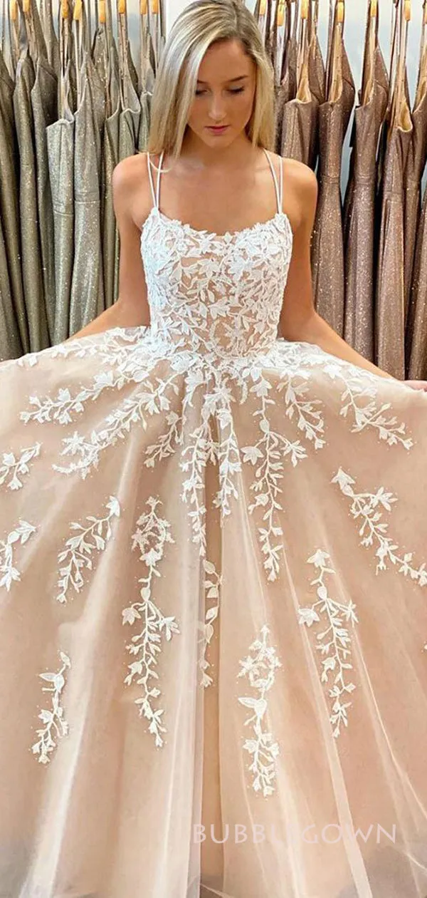 Spaghetti Straps Champagne Tulle Appliques Long Evening Prom Dresses, A-line Prom Dress, BGS0291