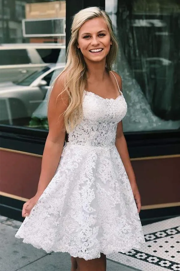 Spaghetti Straps Criss Cross Back A Line Lace Homecoming Dresses HD0093
