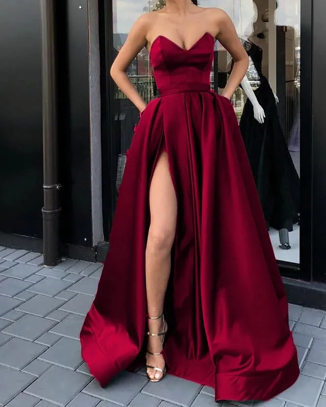 Strapless High Slit Long Sexy Prom Dresses Satin Evening Dresses Green, Red & Blue 3 Colors