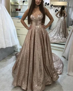 Strapless Sequins Prom Dresses Halter Criss Cross Evening Dress