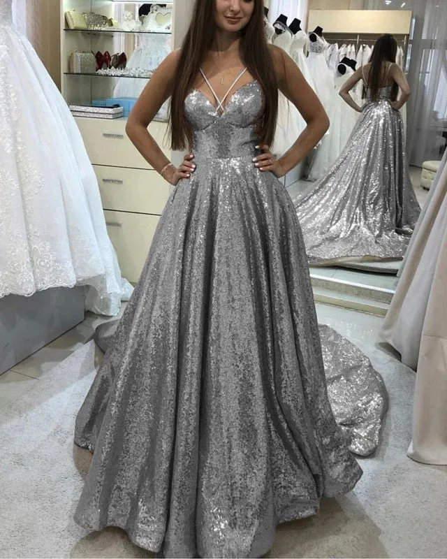 Strapless Sequins Prom Dresses Halter Criss Cross Evening Dress