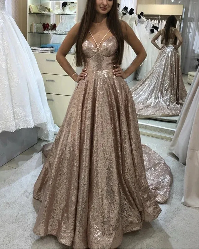 Strapless Sequins Prom Dresses Halter Criss Cross Evening Dress