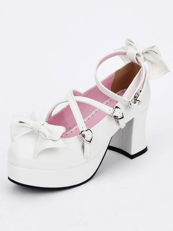 Sweet Lolita Shoes White Bow Cross Front Ankle Strap Chunky Heel Lolita Pumps