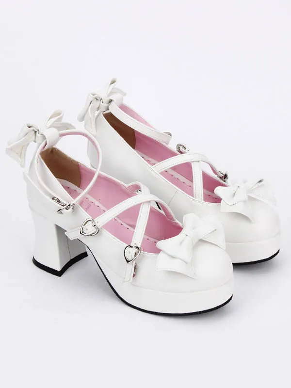 Sweet Lolita Shoes White Bow Cross Front Ankle Strap Chunky Heel Lolita Pumps