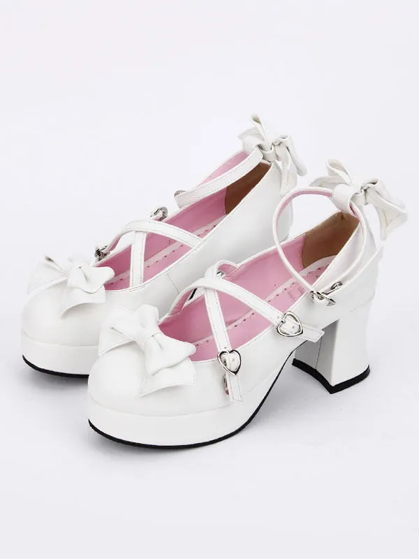 Sweet Lolita Shoes White Bow Cross Front Ankle Strap Chunky Heel Lolita Pumps