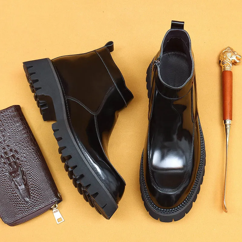 Top Layer Cowhide Men's Leather Shoes Thick Bottom Autumn Genuine Leather Big Toe Boots Men's Glossy Side Zipper Business Chelsea High-Top Shoes23700