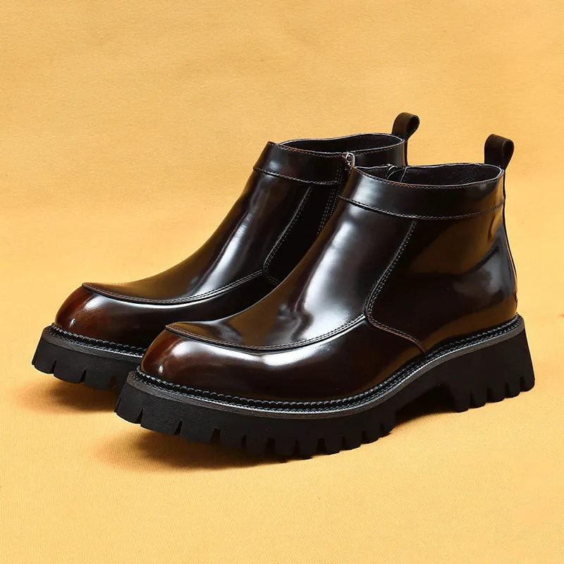 Top Layer Cowhide Men's Leather Shoes Thick Bottom Autumn Genuine Leather Big Toe Boots Men's Glossy Side Zipper Business Chelsea High-Top Shoes23700